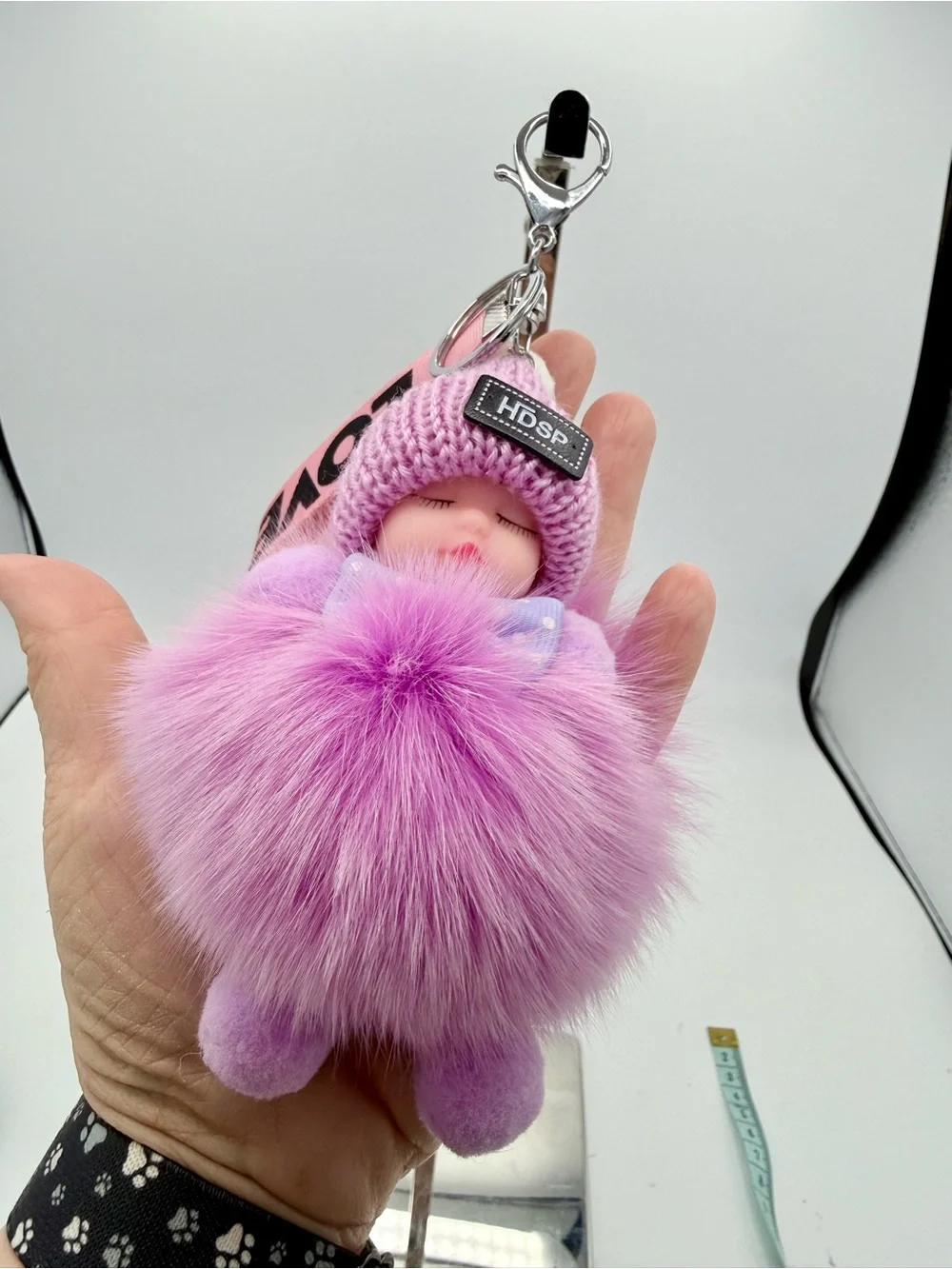 HDSP Sleeping Baby Doll Pom Pom Keychain Bag Charm Purple Fluffy Cute Gift